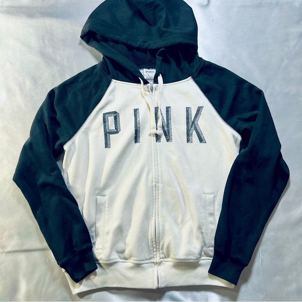 PINK | Black And Cream “PINK” Zip Up Hoodie // XS